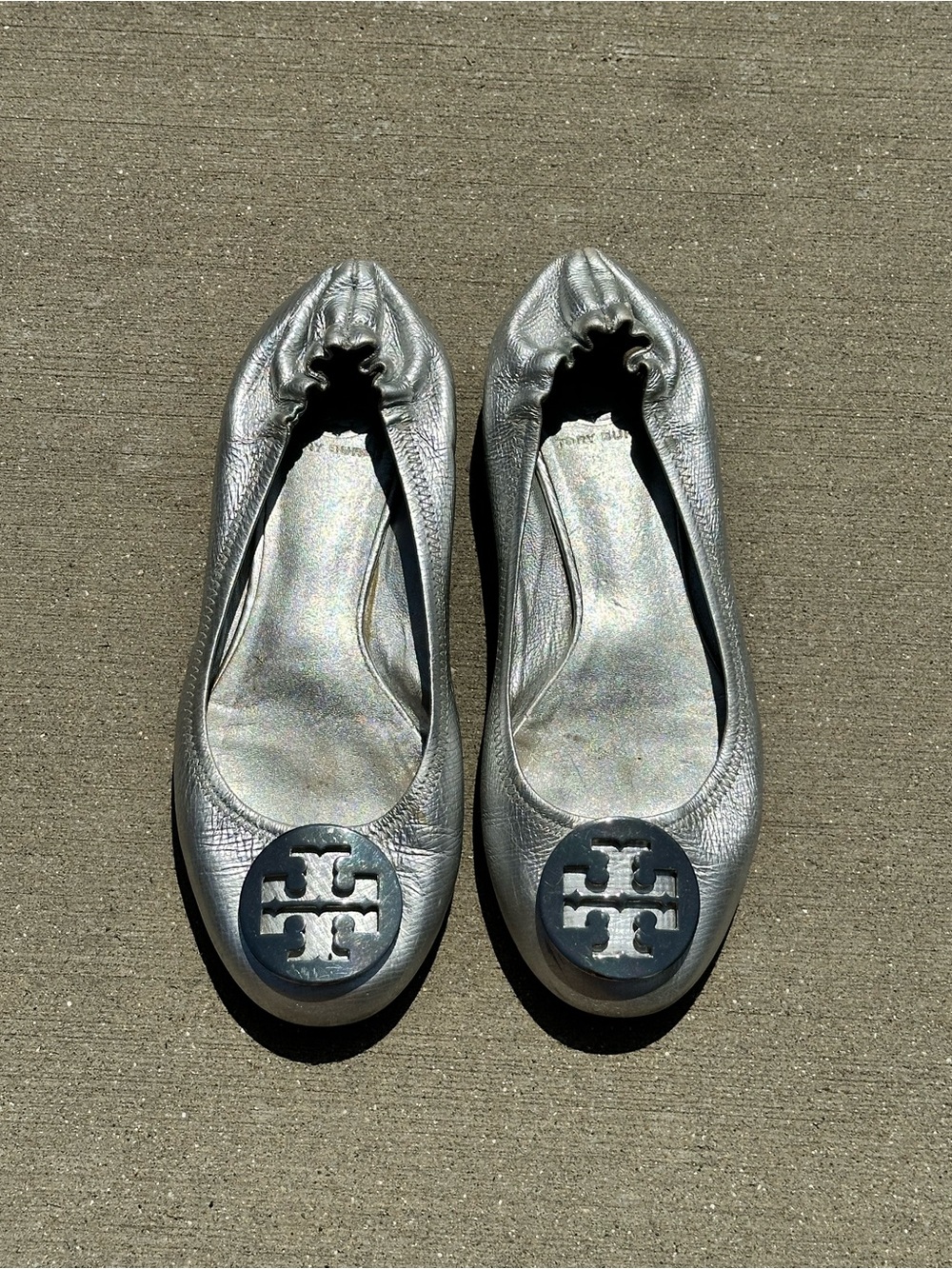 Tory Burch Reva Silver Metallic Logo Leather Ballet Flats
